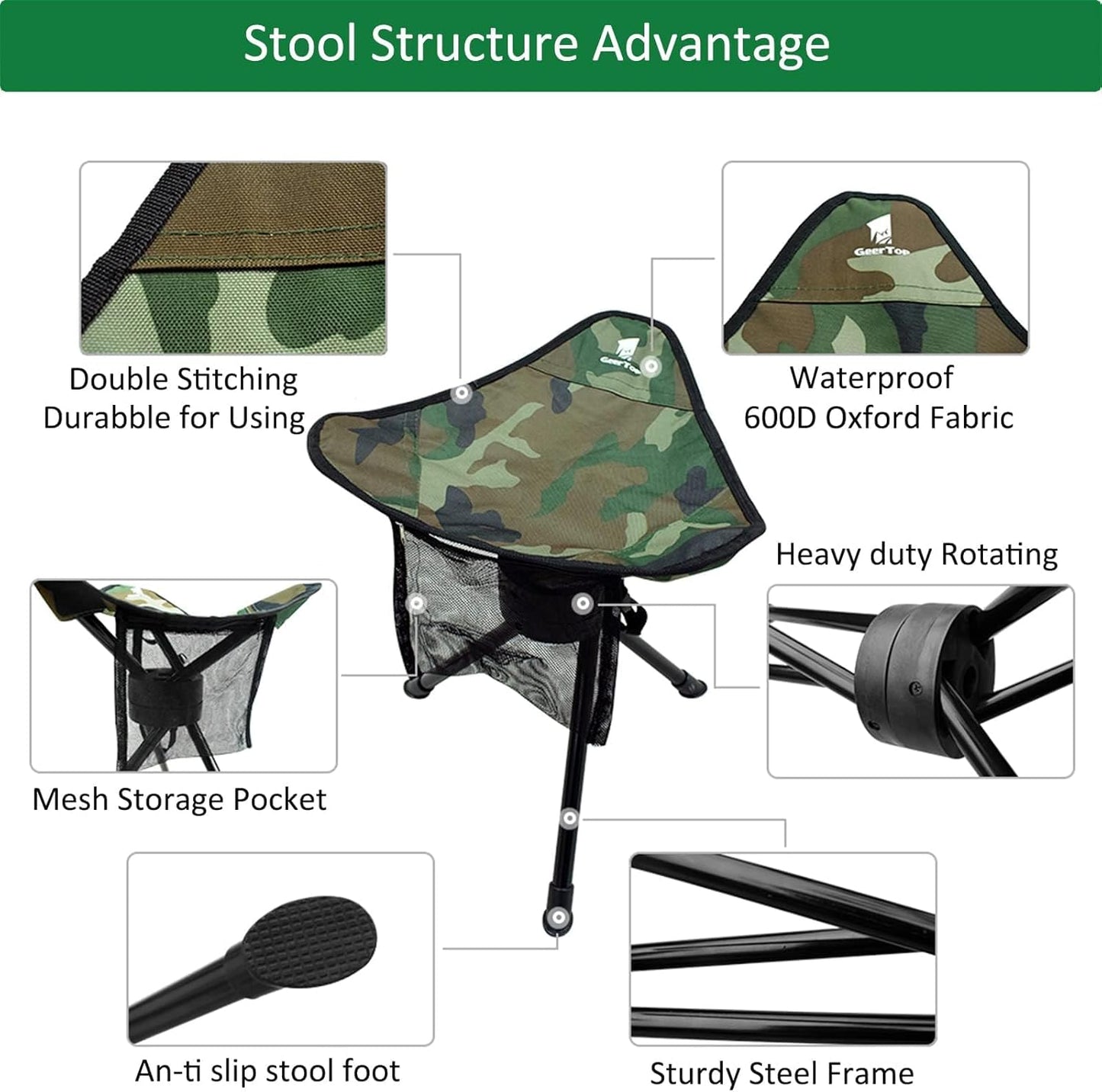 GEERTOP Portable Camping Swivel Folding Stool Seat Foldable Camp Tripod Chair Outdoor Survival Gear for Hiking Fishing Hunting Travel