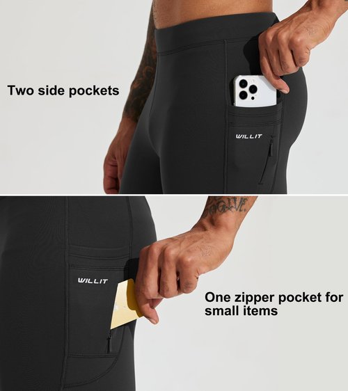 Willit Men's Fleece Running Leggings Cold Weather Gear Winter Cycling Tights Pants Water Resistant Zipper Pockets Black M