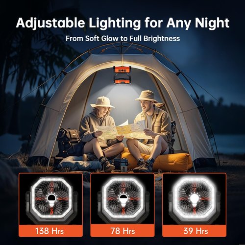 YOGIN Rechargeable Battery Powered Fan, 20000mAh Portable Camping Fan with 360° Adjustable Head, 4 Speeds & LED Light, Quiet Outdoor Fan for Tent, Desk, Travel, Home Use