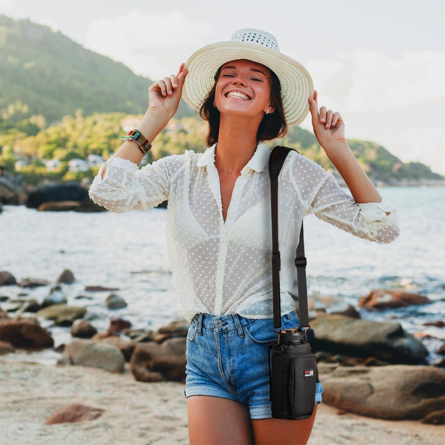 32 oz - 64 oz Black Neoprene Bottle Holder with Strap and Pocket for Walking, Travel and Hiking