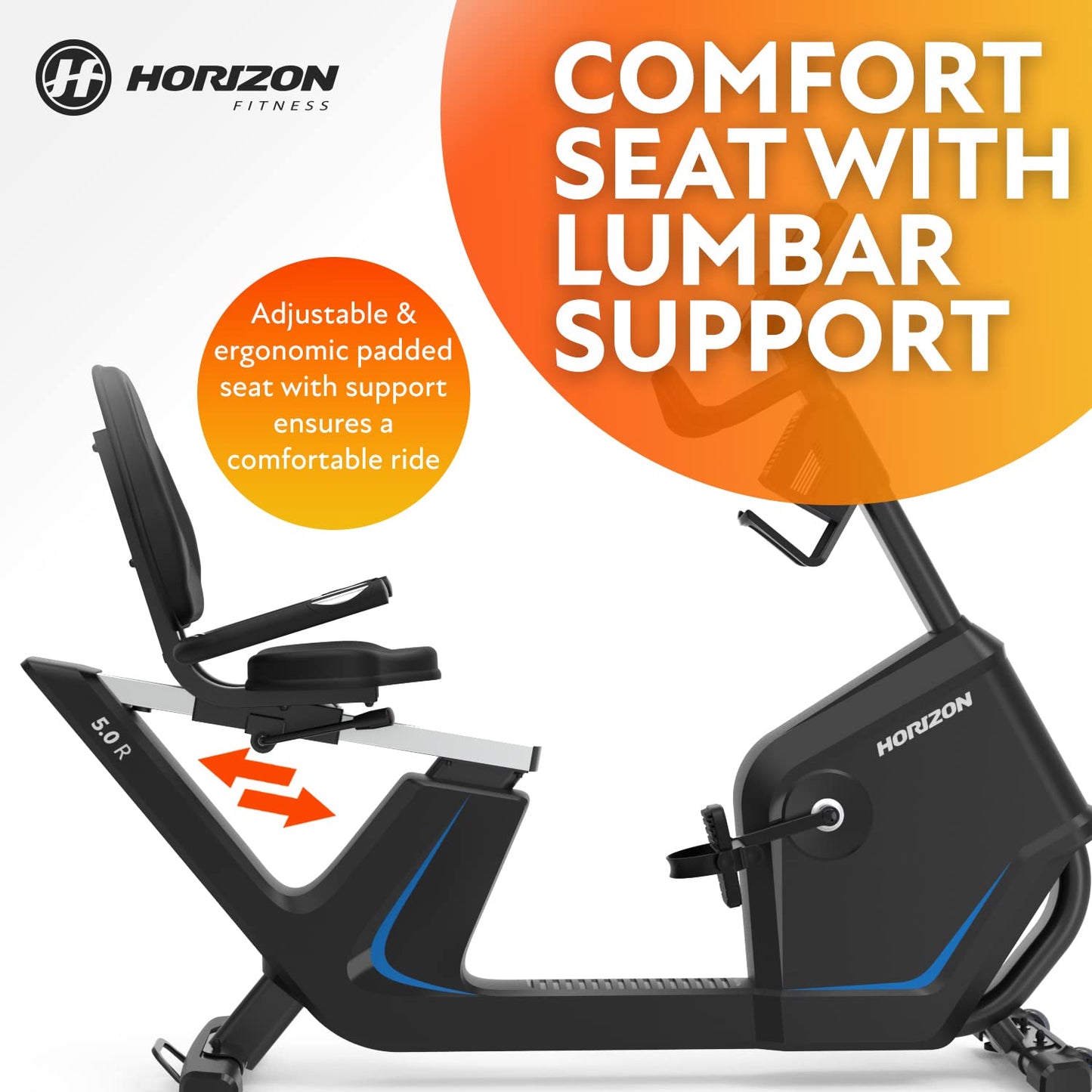 Horizon Fitness 5.0R Recumbent Bike, Fitness & Cardio, Magnetic Resistance Cycling Bike with Bluetooth, Comfort Seat with Lumbar Support, Step-through Frame, and 350lb Weight Capacity