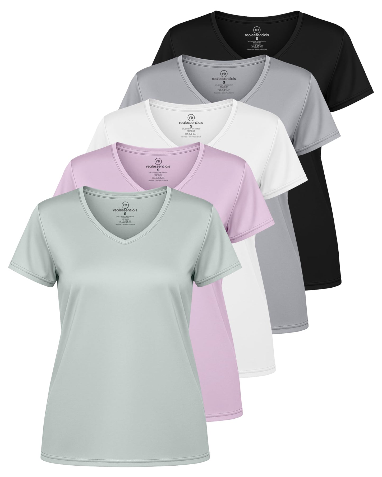 Real Essentials 5 Pack: Women's Dry-Fit Short Sleeve V Neck T Shirt Workout Fitness Yoga Top Tee, Set 9, XL