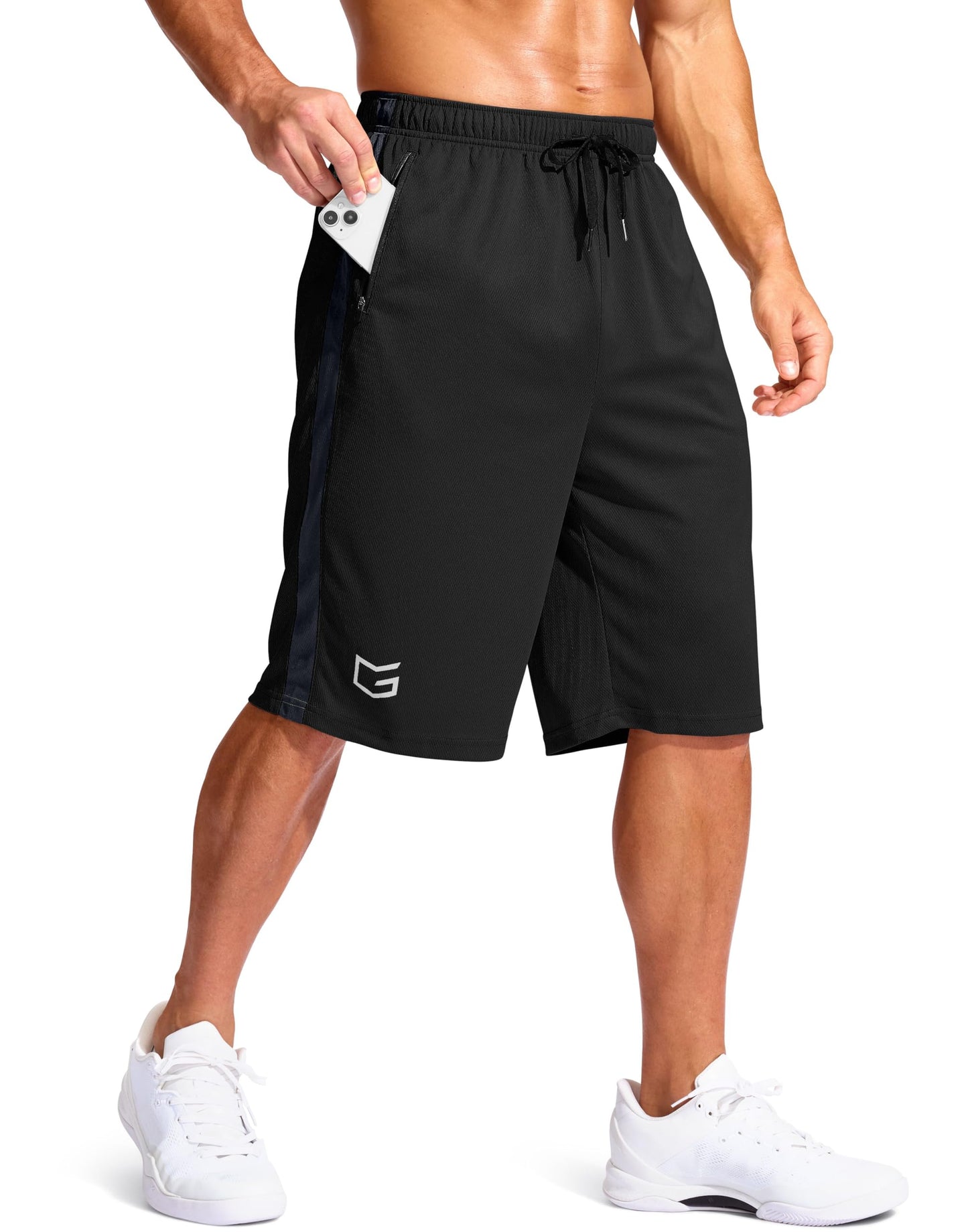 G Gradual Men's 11" Long Basketball Shorts with Zipper Pockets Drawstring Mesh Lightweight Gym Athletic Shorts for Men(Black,XL)