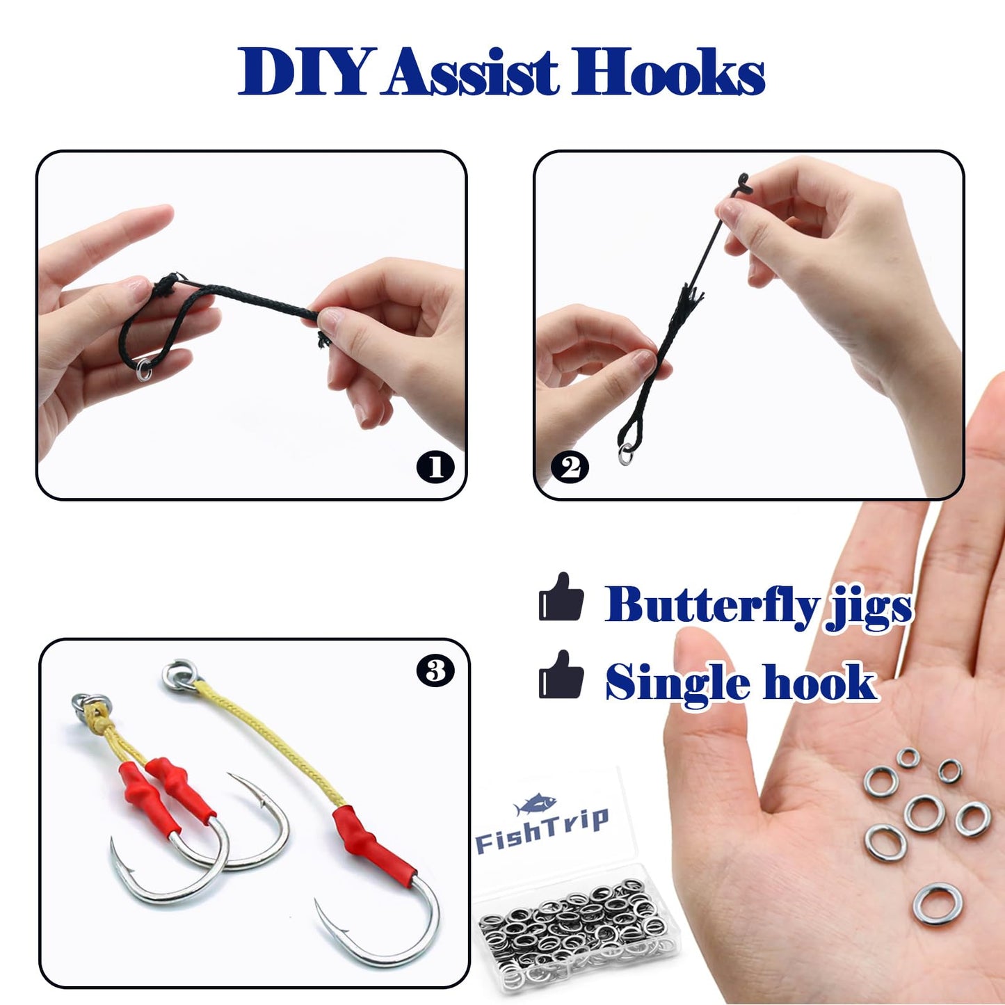 FishTrip Solid Rings Fishing 50Pcs - Stainless Steel Ring for Assist Hooks Jigs Butterfly Rigs Saltwater Freshwater (Size 5_ 400lbs)