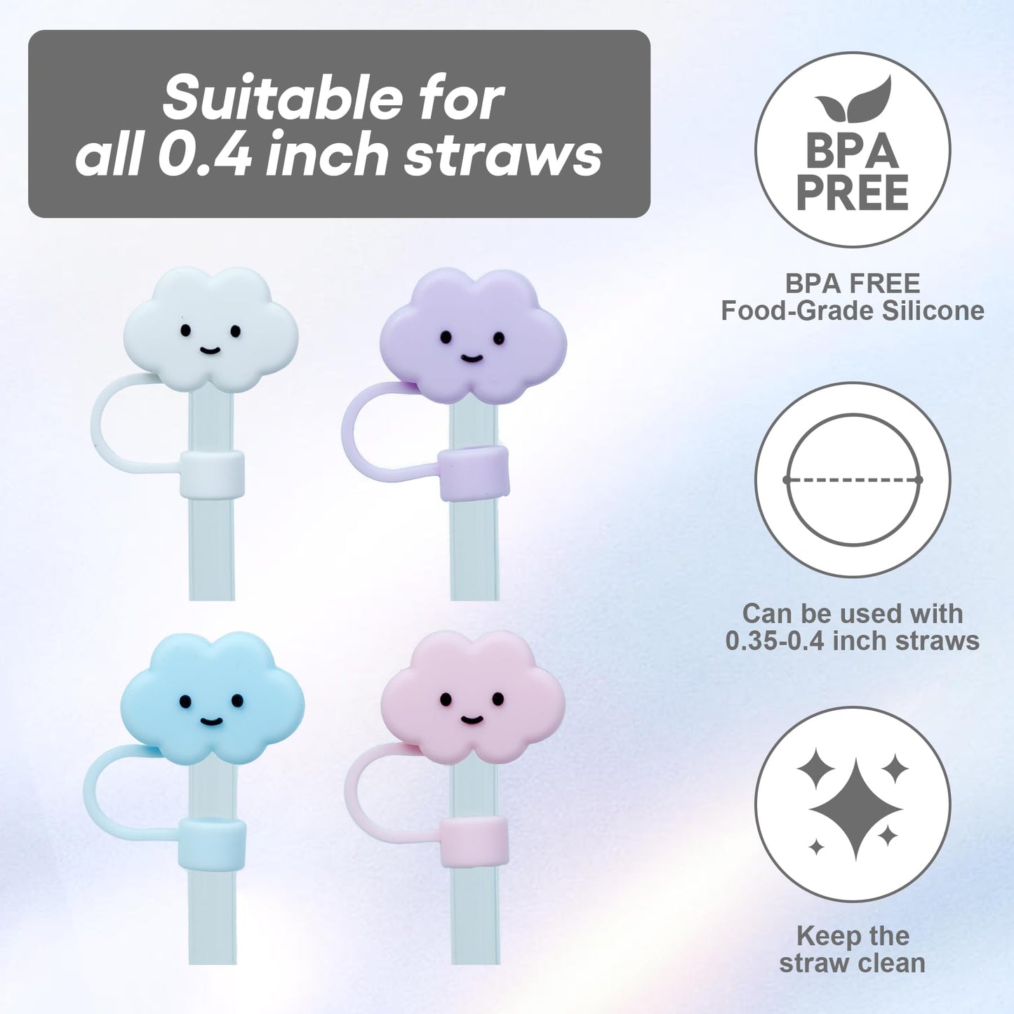 Jahao 4 Pcs Straw Cover Cap for Stanley Cup Cute Silicone Straw Topper for 40 oz 30 oz or 20 Oz Water Bottle Tumbler Dust-Proof Drinking Straw Reusable Straw Tips Lids, 0.4in/10mm Diameter