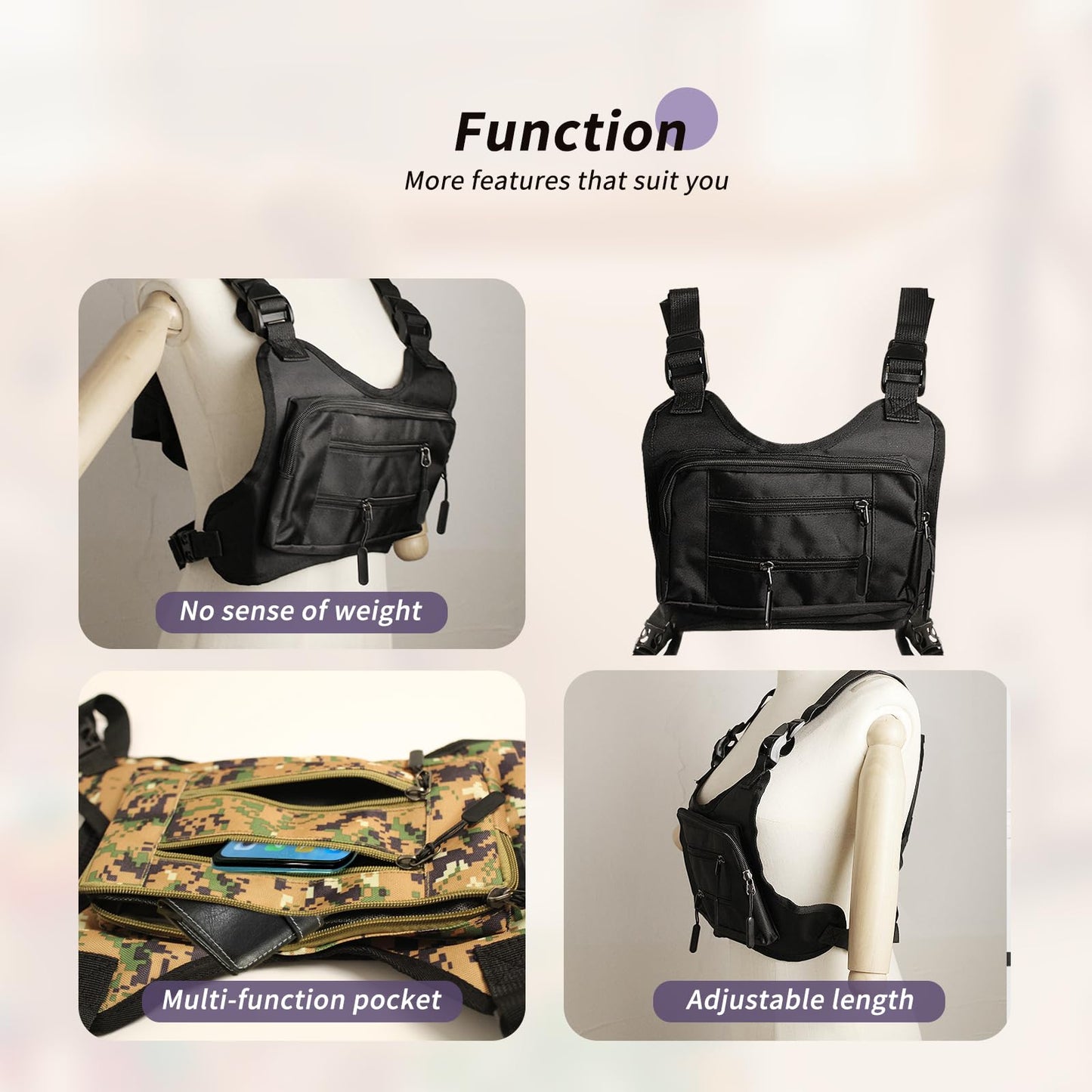 AfitLulu Outdoor Chest Bag for Men, Breathable Tactical Vest with Adjustable Shoulder Straps, Sports Running Vest for Men (Black)