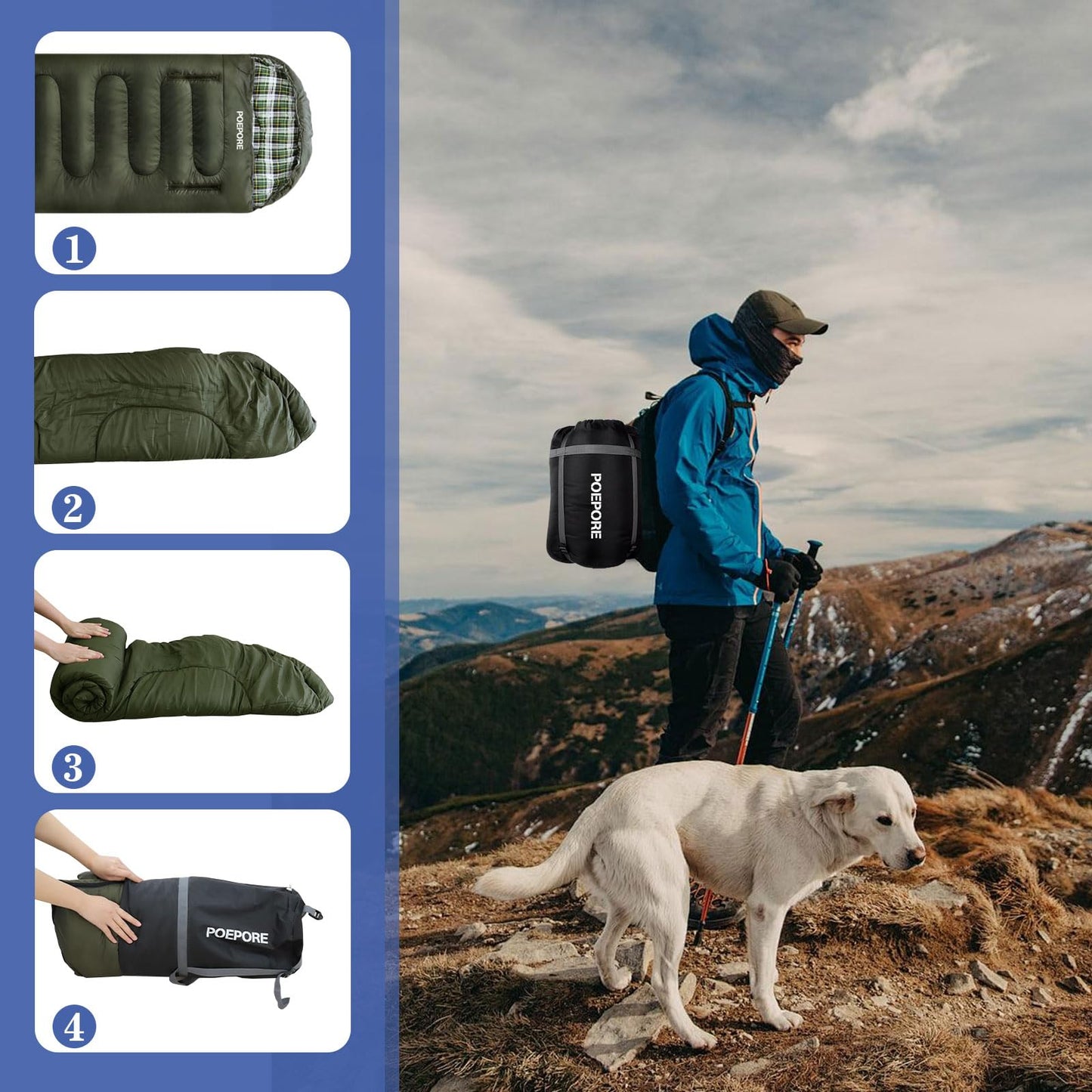 POEPORE Flannel Sleeping Bag Lightweight Warm Weather 3-4 Seasons for Adults XL Wearable Sleeping Bag Waterproof with Compression Sack Olive