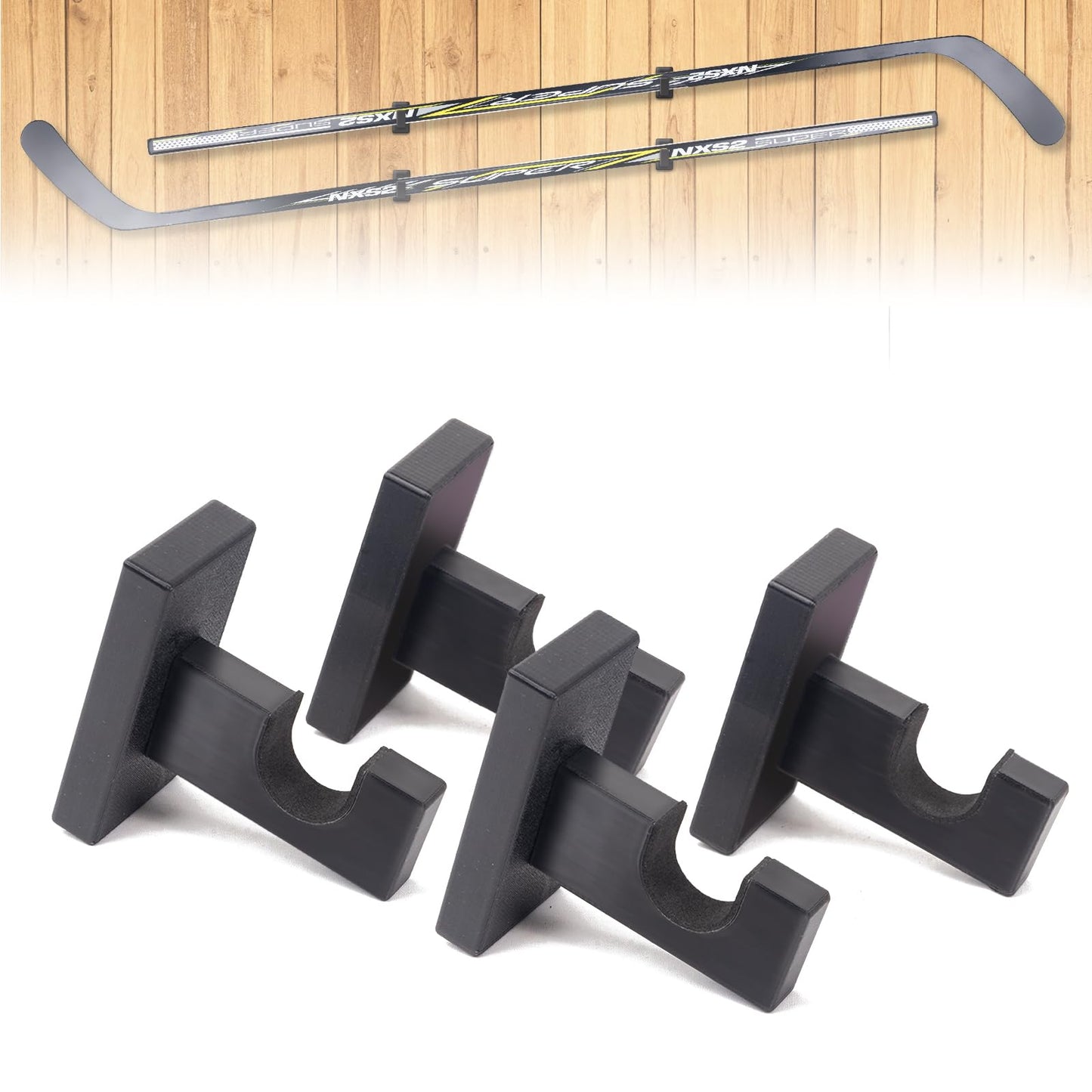 JstFrU 4 Piece Hockey Stick Rack,Wall Mount Hockey Stick Holder,Ice Hockey Stick Hangers for Horizontal Display,Holds 2 Hockey Sticks,Space Saving,Black, RX-3021