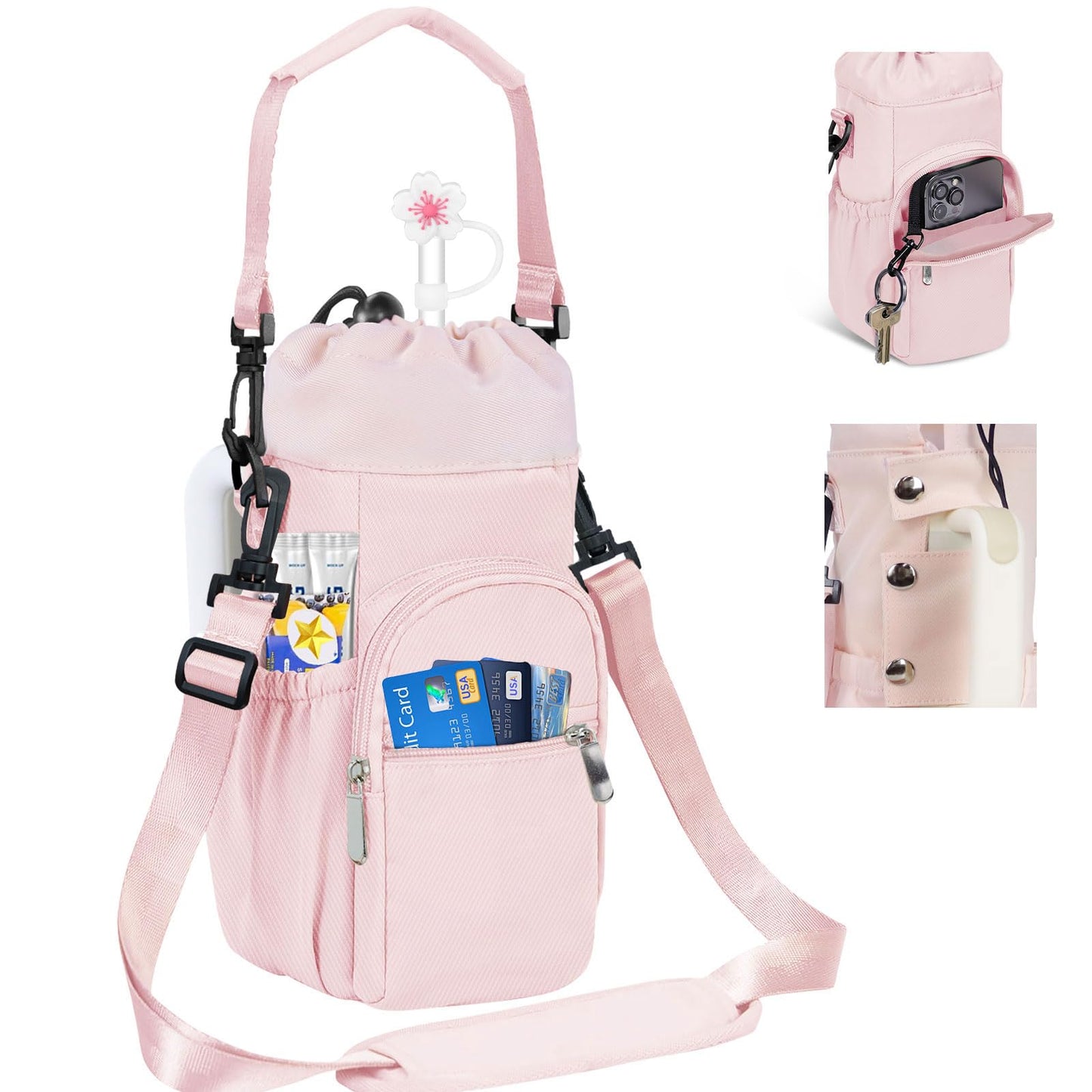HOMEYA Water Bottle Carrier Bag with Phone Pocket for Stanley Cup 40 Oz Tumbler with Handle, Nylon Water Bottle Holder Pouch with Top Drawstring, Adjustable Shoulder&Handle Strap (Pink)