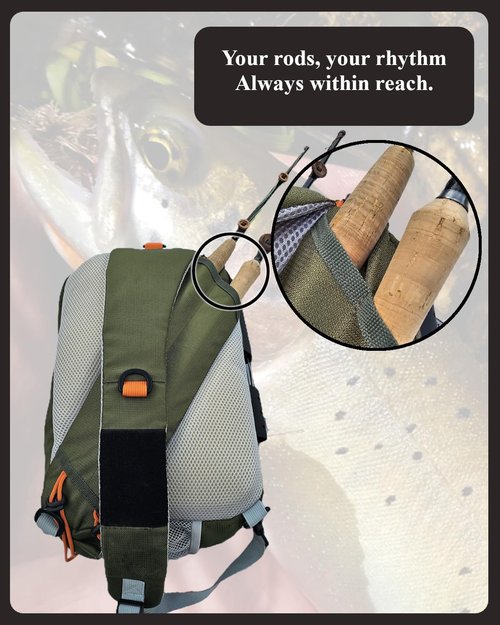 SUMATO Fly Fishing Tenkara Sling Pack with Dual Rod Quiver - 5 Pocket Storage - Lightweight & Comfortable - Unisex - Multi-Use Outdoor Adjustable Backpack