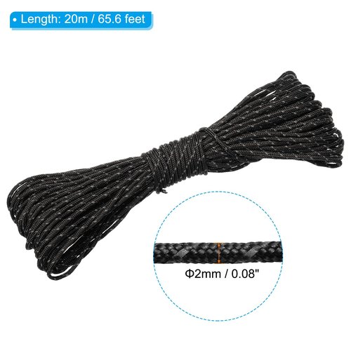 PATIKIL 65 Feet Reflective Guyline Camping Paracord, 2mm Tent Cord Guyline Rope Nylon Paracord Rope for Camping Tent Tarp Hiking, Black (20M)