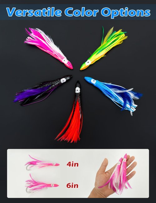 BLUEWING 5 Pack Tuna Feather Squid Lure Set Fishing Teaser with 6in Feathered Trolling Octopus and Stainless Steel Hook for Mahi Wahoo Marlin Big Game