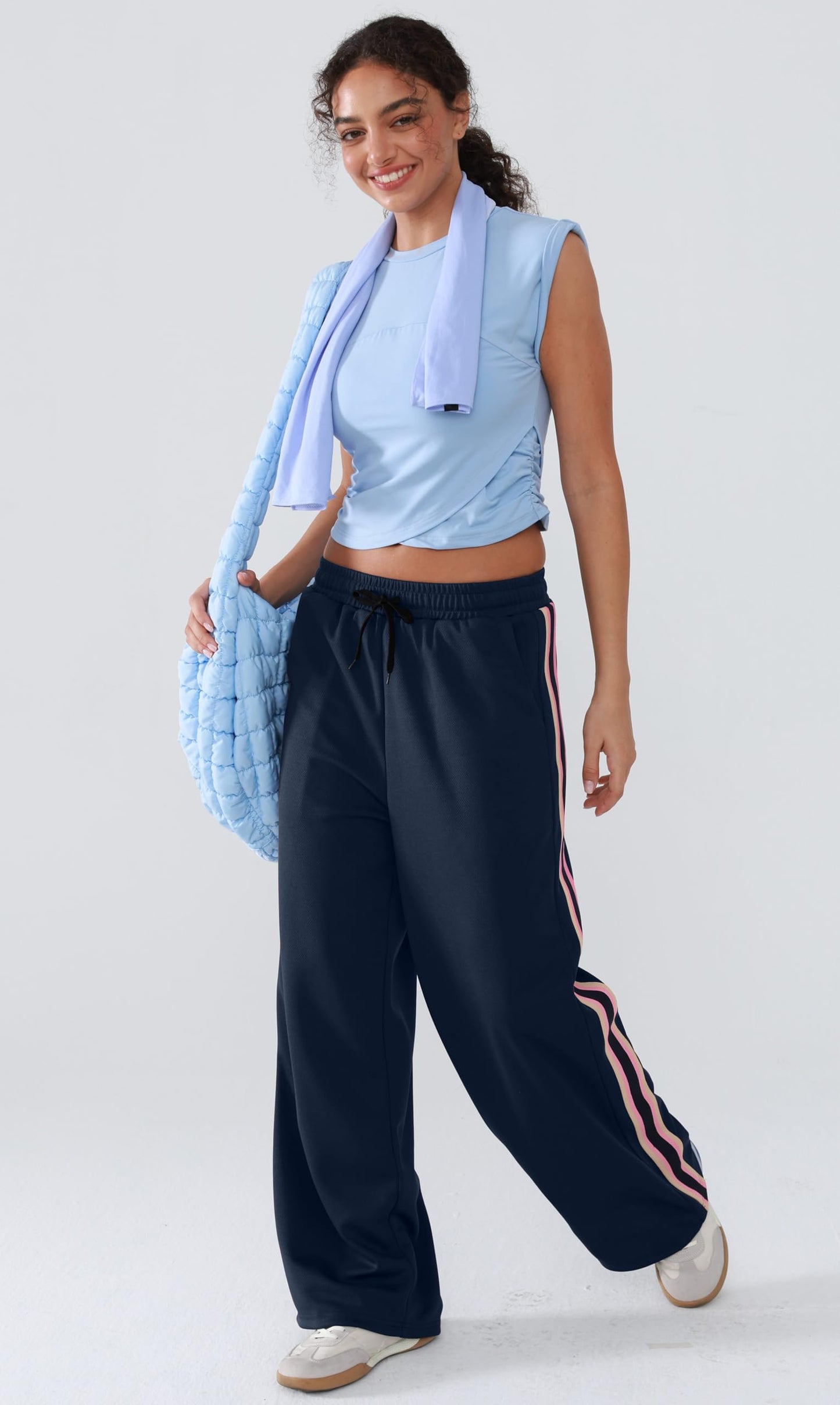 YIPINK Women's Wide-Leg Track Pants with Pockets - High Waist Athletic Pants Navy
