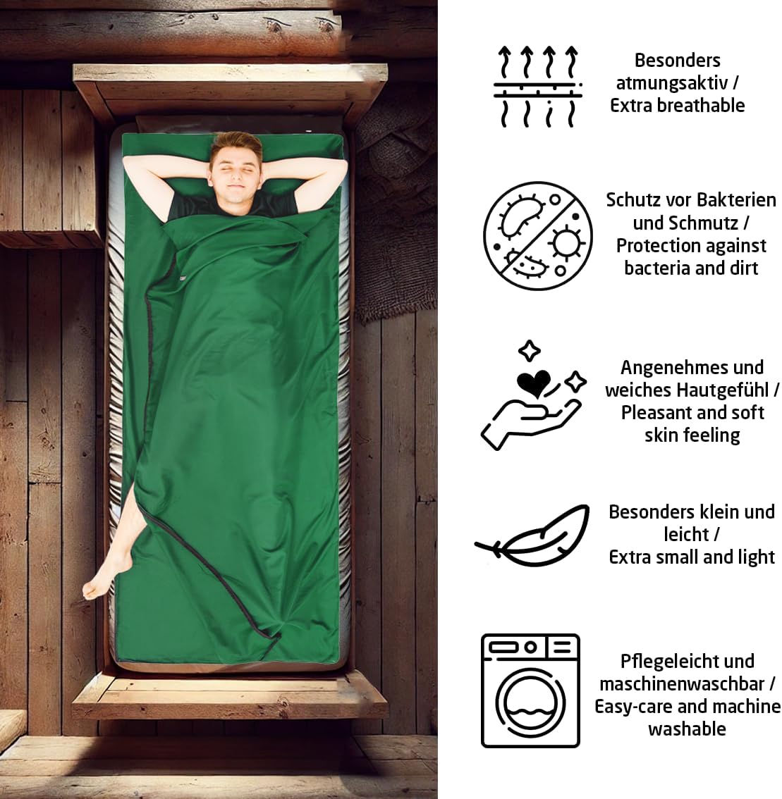 MIQIO Sport 2-in-1 Sleeping Bag Liner and XL Sized Travel Sheet - Ultra Lightweight Sleep Liner Double Travel Bed Sheet - Inlett Inlay