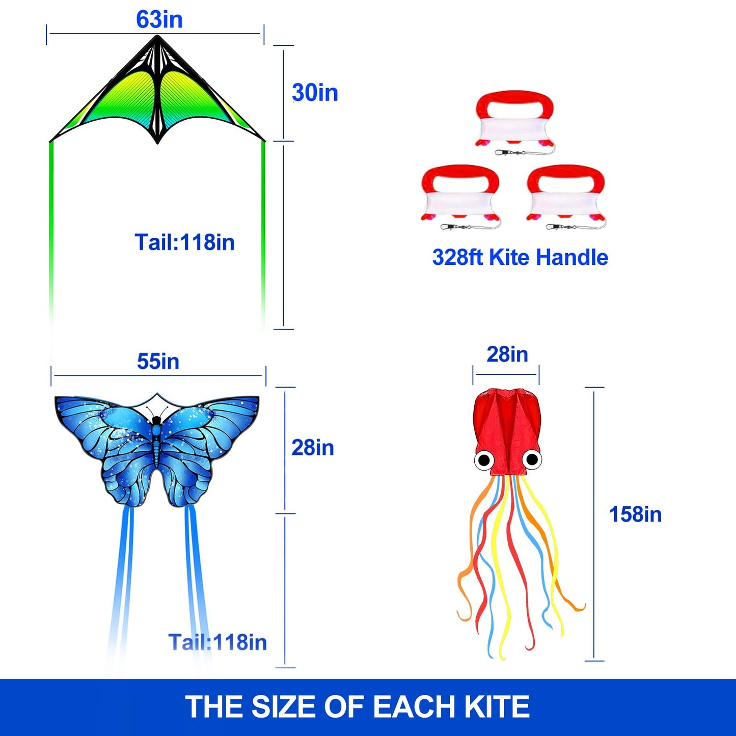 3 Pack Kite Set for Kids & Adults, Easy to Fly Kites for Beginners, Large Butterfly Delta Octopus Kite for Beach&Park&Outdoor Activities, Perfect for Family Outing(Green&Blue&Red)