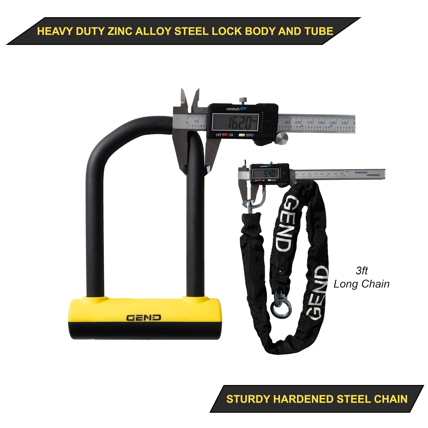 GEND Heavy-Duty Anti-Theft Bike Lock with 16.2 mm Hardened U-Lock & 3 ft Chain, Cut-Resistant Bicycle, Motorcycle, Scooter, E-Bike Lock, Weather-Resistant, Lighted Keys, Mount Bracket