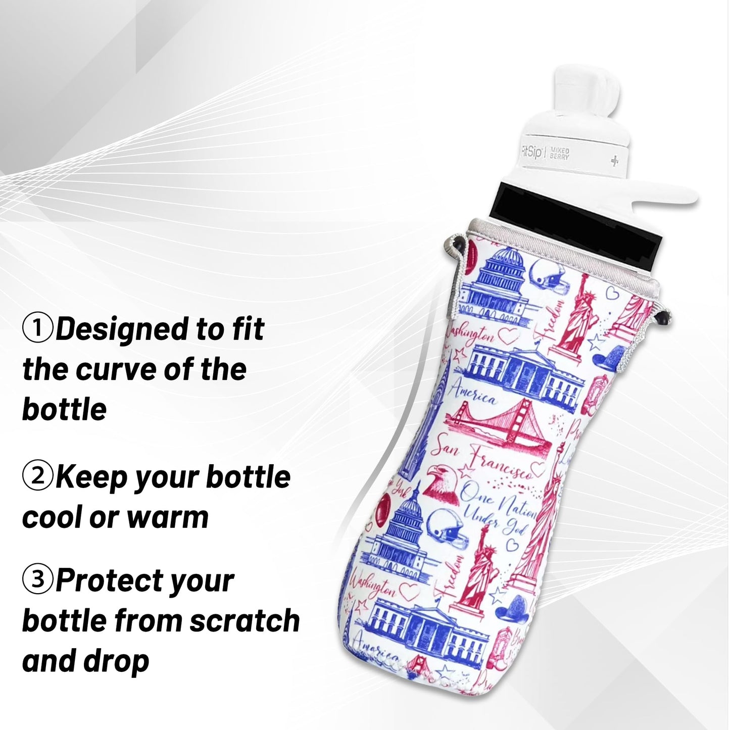 ARefugen 2Pcs Sleeve Fit for 22 oz Cirkul Water Bottle - Neoprene Insulated Sleeve for Plastic Glass Stainless Steel Bottle, Water Bottle Cover Holder Carrier with Shoulder Strap (Patriotic & Black)