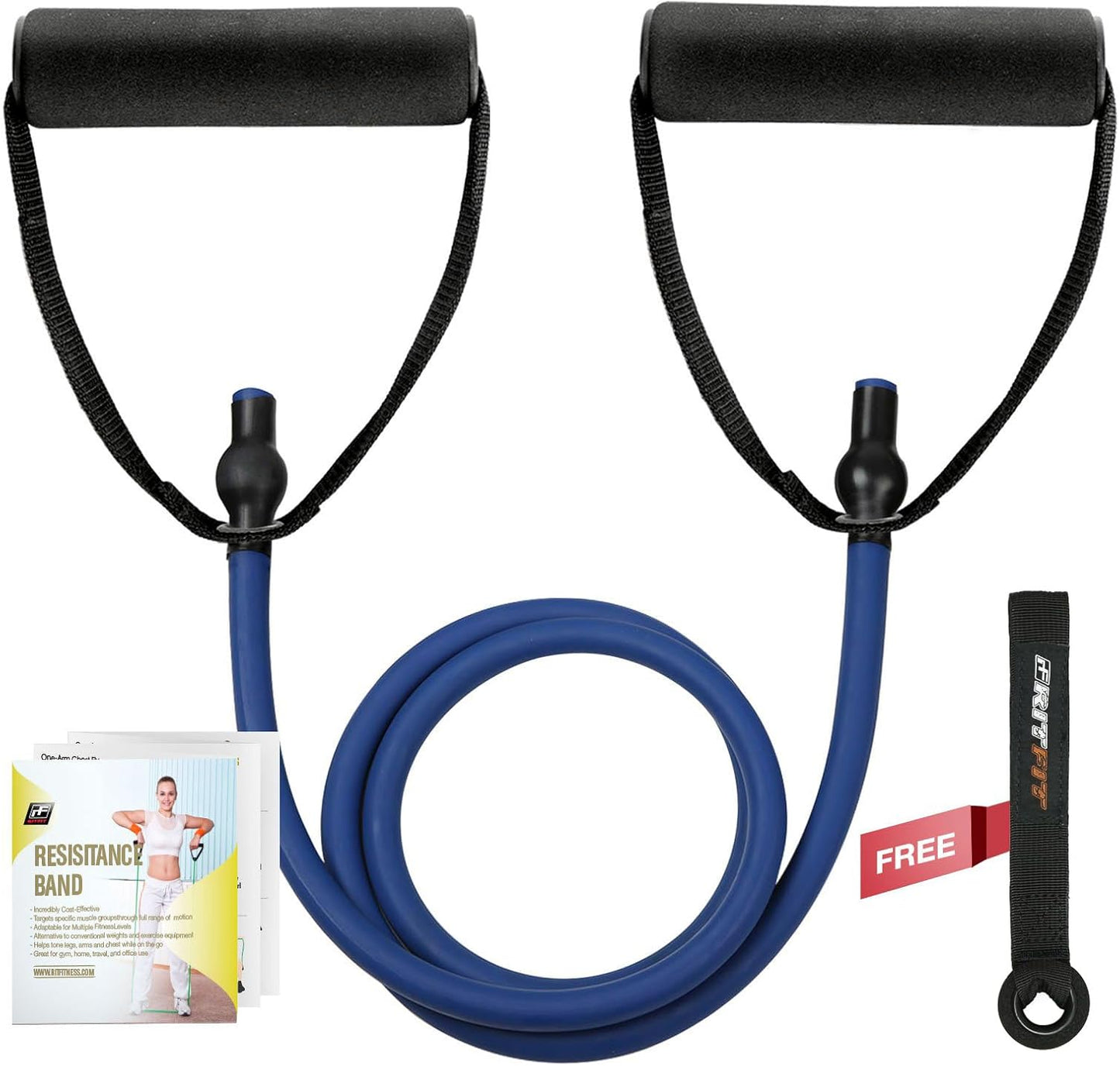 RitFit Single Resistance Exercise Band with Comfortable Handles - Ideal for Physical Therapy, Strength Training, Muscle Toning - Door Anchor and Starter Guide Included