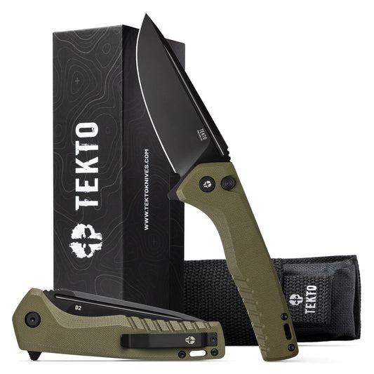 TEKTO F3 Charlie Button Lock Folding Knife, Fine Edge Blade, Tactical OD Green G10 Handle - Easy Open Pocket Knife with Titanium Coated D2 Steel & Black Titanium Barrel Spacers