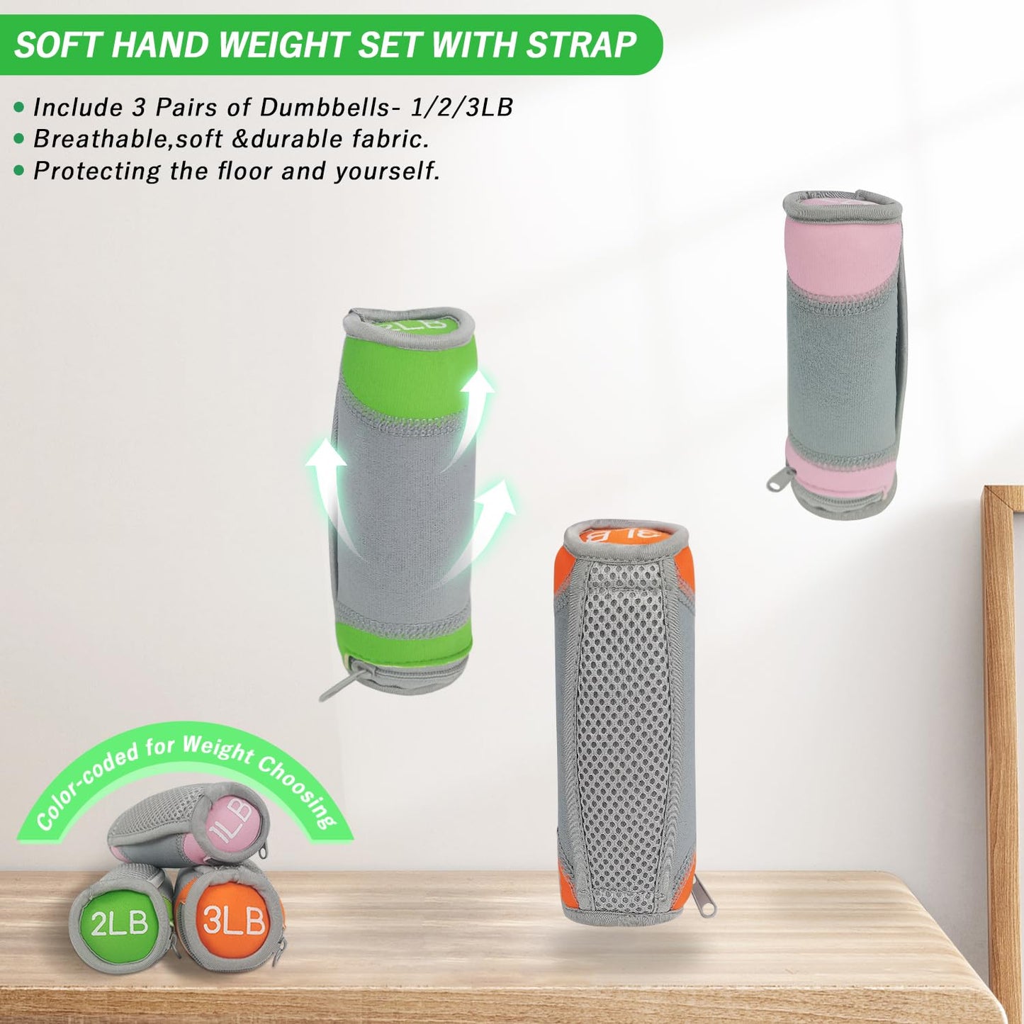 Soft Dumbbell Hand Weights Set for Jogging Running and Physical Therapy Yoga Women Men Workouts,Detachable Walking Weight with Hand Strap and Washable Cover (Multi Color Set of 6 (1LB*2+ 2LB*2+