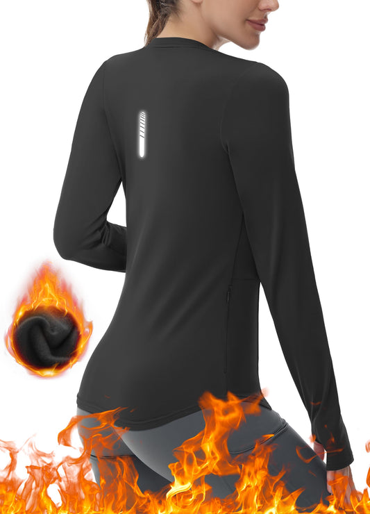 Thermal Shirts for Women Winter Running - Fleece Lined Long Sleeve Warm Tops Cold Weather Gear Thumbholes Zipper Pocket