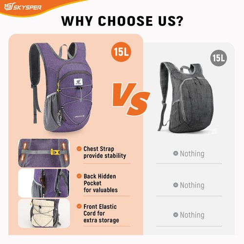 SKYSPER 15L Foldable Hiking Backpack Lightweight Packable Travel Daypack with Chest Strap Small Outdoor Folding Back Pack Collapsible Bag for Women Men (Purple)