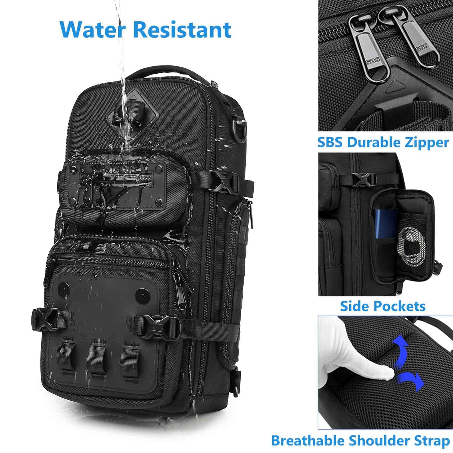 Uaskmeyt Sling Bag for Men, Tactical Sling Backpack Shoulder Crossbody Bag Waterproof Anti-Theft Travel Sports Bag Large Capacity for 12.9 inch Ipad (Black)