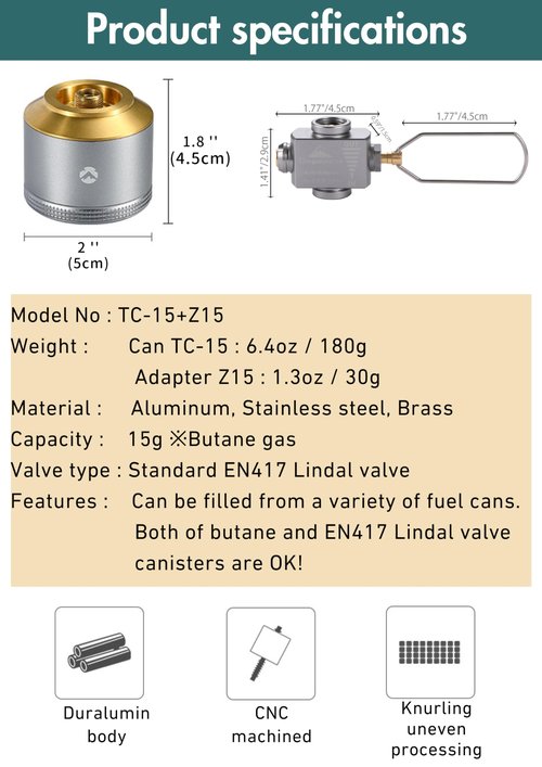 Replacement Empty Refillable Gas Fuel Cylinder EN417 Lindal Valve 15g Mini Tank with Refill Adapter for Camping Stove TC-15/Z15