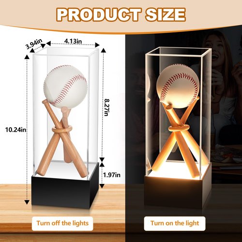 Menkxi Baseball Display Case with LED Light Base Stand Holder, Wooden Sticks, UV Protected Acrylic Clear Cube for Memorabilia Ball
