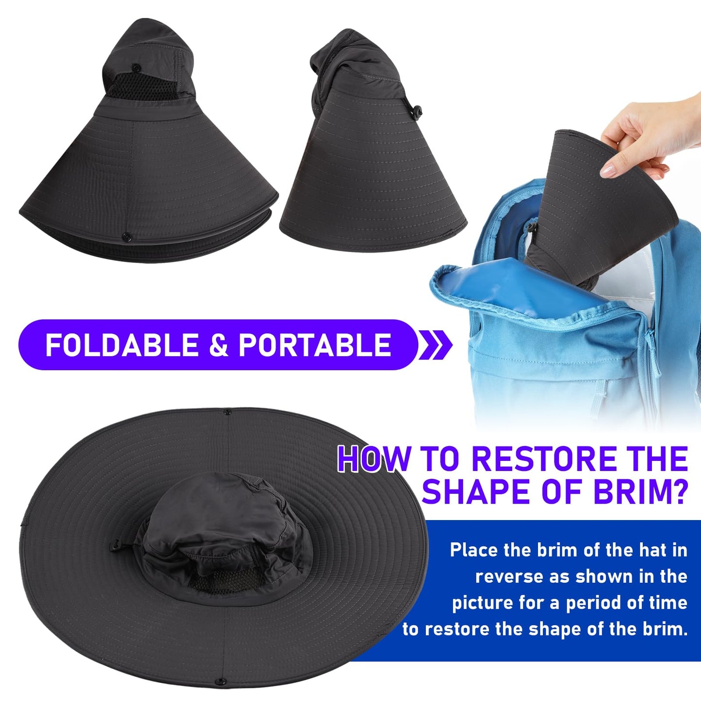 ALANGDUO XXL Big Head & Super Wide Brim Sun Hats for Men, Large Fishing Sun Hat UPF50+Waterproof Boonie Bucket Hat for Safari Gardening,Hiking, Beach Dark Grey