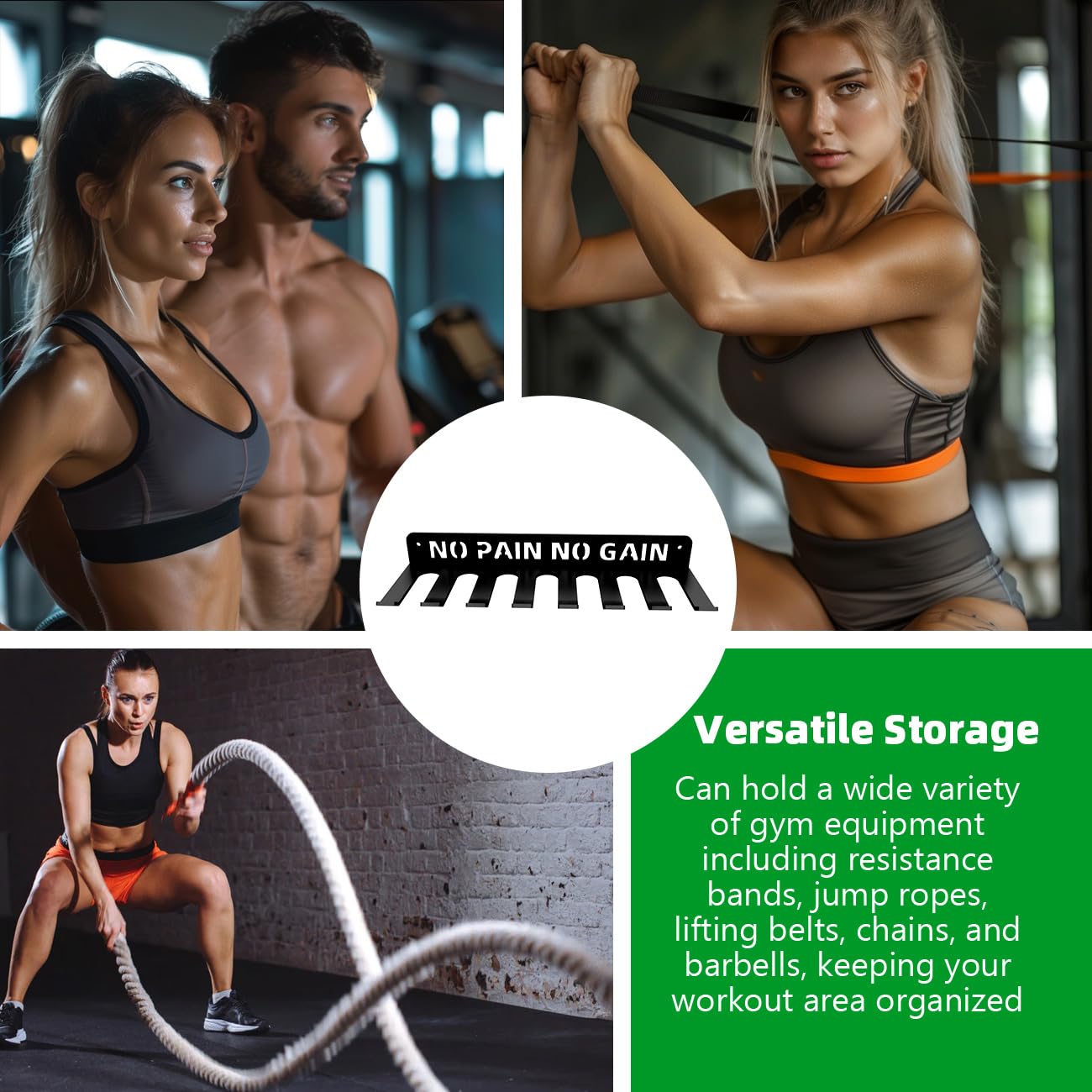 Home Gym Accessories Organization Storage Rack Equipment For Home 8 Hook Wall Hanger Display Gear Barbells Resistance Bands Jump Ropes Lifting Belt Hanger Accessories Hardware Included (No Pain No Gain M)