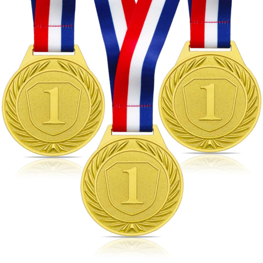 3 Pieces Medals for Awards, 2.56 Inch Gold Metal Medals Olympic Decorations Winner Medal with Ribbon Necklace for Sports Day Prizes, Gymnastics Competitions, Party Gifts, Kids Adults