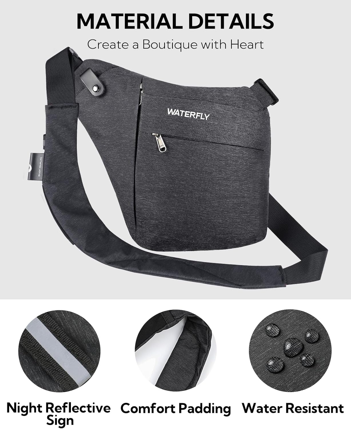 WATERFLY Sling Crossbody Chest Bag: Slim Anti-Theft Cross Body Bag Over Shoulder Backpack Stealth Side Pack Man Woman