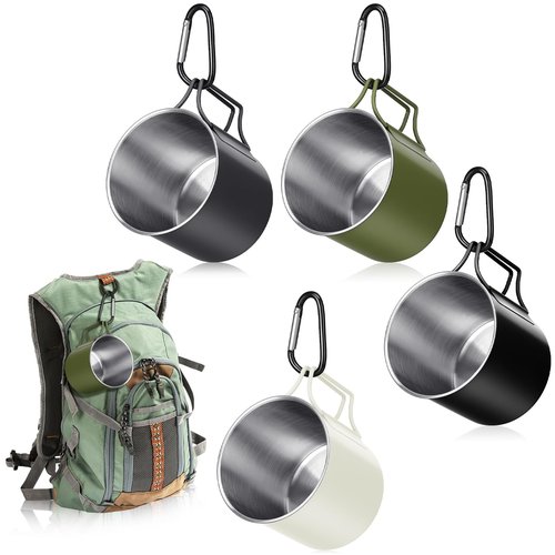 Zhehao 12 oz Camping Mugs Set of 4 Metal Camping Coffee Cups Stainless Steel Cups with Folding Handles D Ring Portable Backpacking Mugs Travel for Outdoor Hiking Climbing Picnic Party