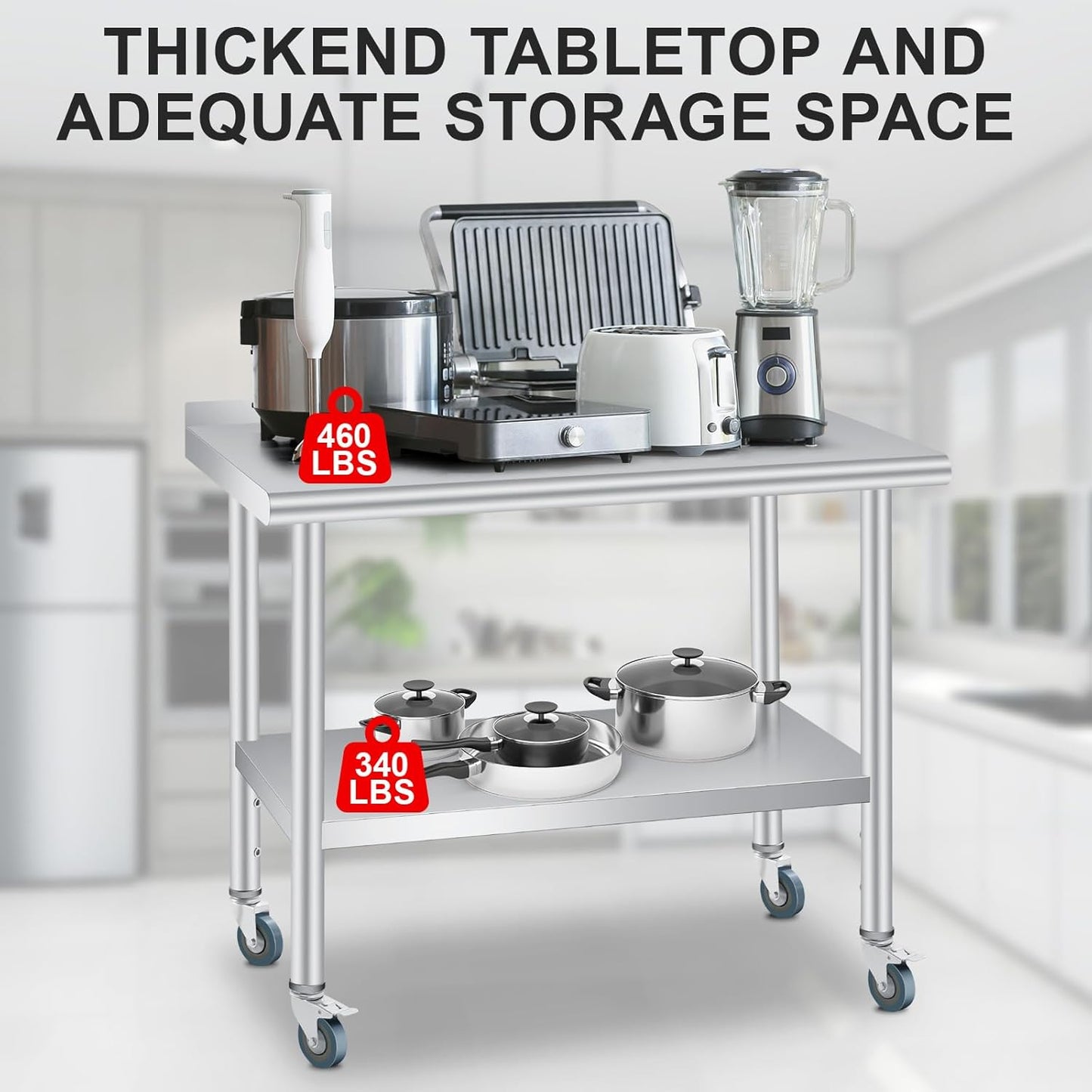 Stainless Steel Prep Table, 48 x 24 Inches, with Backsplash, Adjustable Undershelf and 4 Caster Wheels, Commercial Heavy Duty Table with Adjustable Under Shelf for Outdoor Use,Restaurants,Hotels,Works