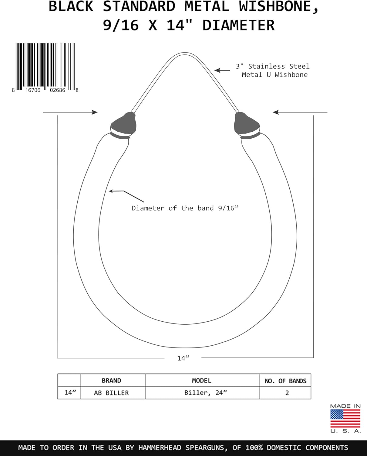 Hammerhead Spearguns 9/16” (14mm) Metal Wishbone Bands for JBL, AB Biller and Ocean Rhino