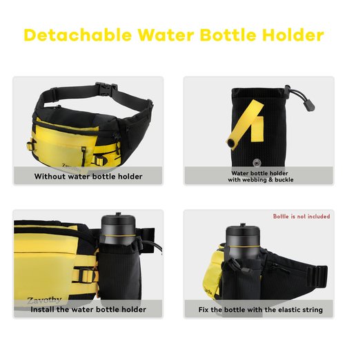 Zavothy Waist Bag for Women & Men, Fashionable Fanny Pack for Hiking, Running & Cycling, with Detachable Water Bottle Holder, Adjustable Waist Pack for Outdoor Activities, Black