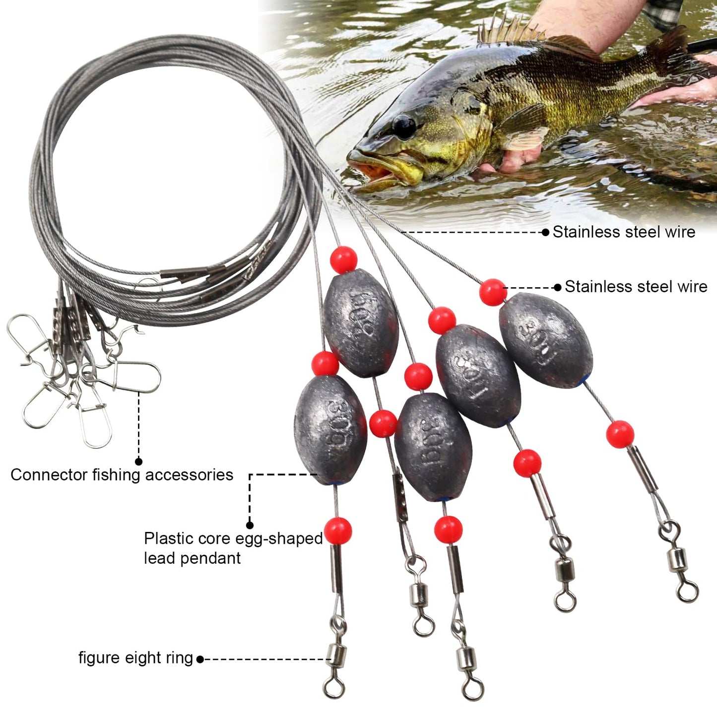 5pcs Saltwater Fishing Leaders with 10g,15g,20g,30g,45g,60g Sinkers - Pre-Tied Steel Wire Rigs for Coastal Angling(15g(1/2oz)-5pcs)