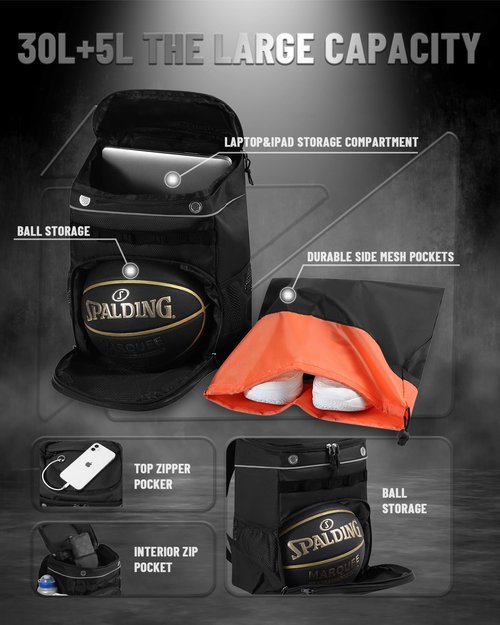 TRAILKICKER Basketball Bag Backpack with Ball Holder Multi-Sport Backpack for Soccer Volleyball Football Baseball Helmet (TK11-Black, Medium)