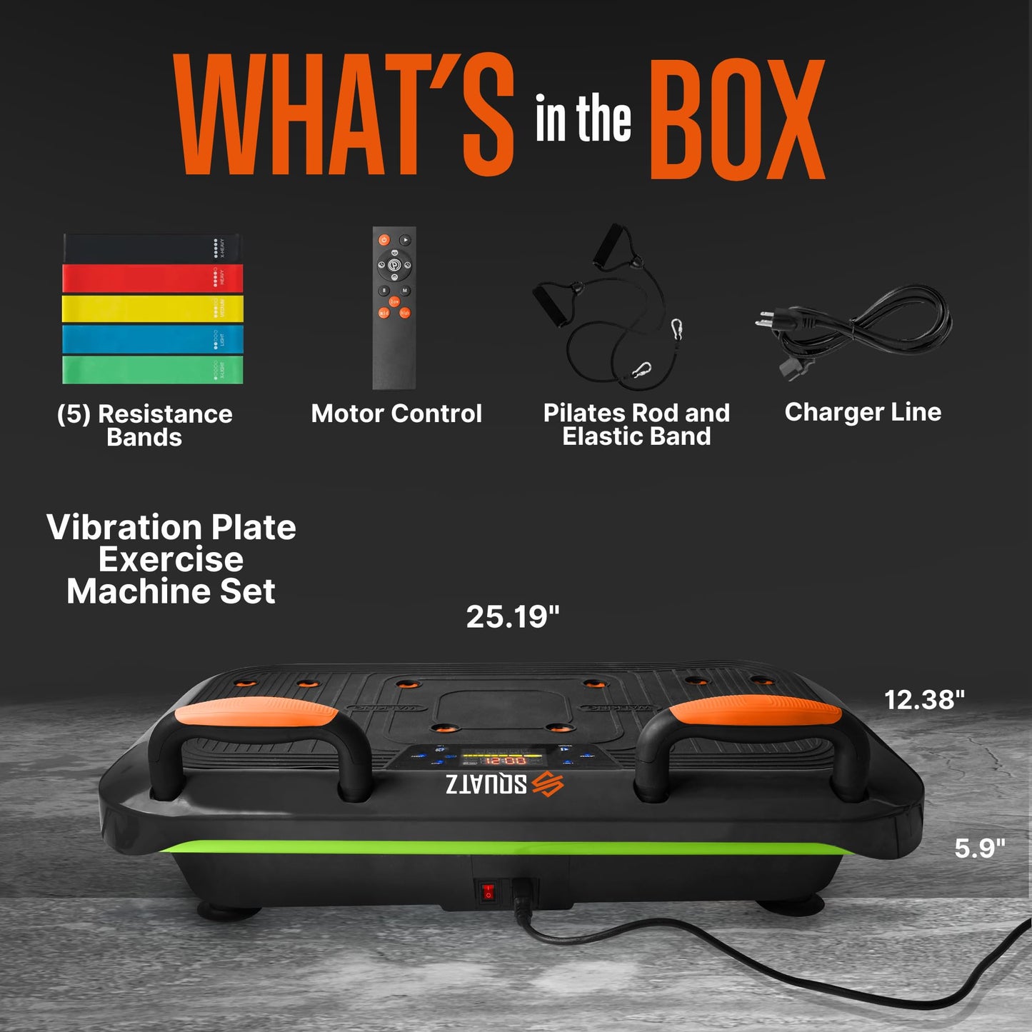 SQUATZ Vibration Plate Exercise Machine Set - Standing Vibrating Platform for Pain Relief, Lymphatic Drainage and Weight Loss - Board Includes 5pcs. Resistance Bands and Pilates Rod