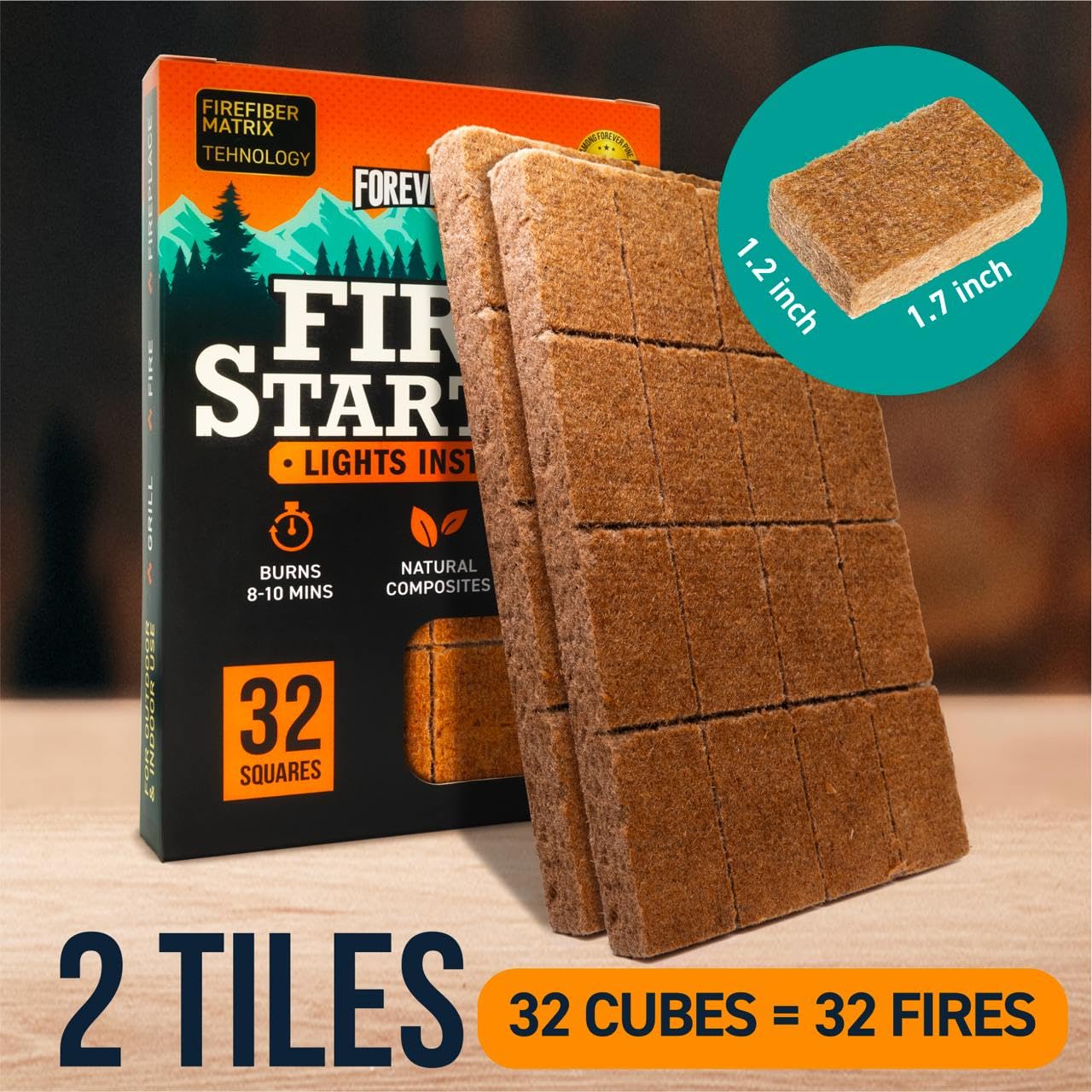 Fire Starter Cubes, 32 pcs - Easy BBQ Ignition - Natural, Waterproof & Odorless Firestarter Squares for Campfire, Charcoal Grill, Outdoor Fire Pit, Wood Stove, Fireplace, Logs - Camping Essentials