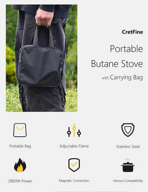 CretFine Mini Butane Camping Stove with Portable Bag, Indoor and Outdoor Cooking, for Emergency and Camp Essentials, 8205 BTU, 2hr Usage per Canister, Gas Not Included, White