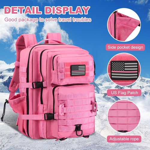 Hannibal Tactical 45L MOLLE Assault Backpack, Tactical Backpack Military Army Camping Rucksack with Bottle Holder, 3-Day Pack Trip w/USA Flag Patch, D-Rings, Pink