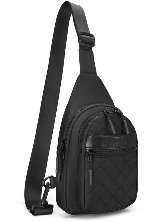 FORZAROCKET Sling Bag Double Compartment w/Long Strap 66" - Crossbody Bag w/Extended Strap - Women Men Fanny Pack - Two-Way Durable Zipper - Compact Sling Backpack - Plus Size Friendly, Black Quilted