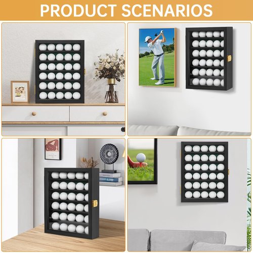 WELIDAY Golf Ball Display Case, Solid Wood Golf Ball Holder, Wall Mounted Golf Ball Rack with Acrylic Door for Golf Enthusiasts (Black, for 30 Golf Balls)