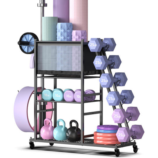 Mythinglogic Dumbbell Rack for Home Gym, Weight Rack for Dumbbells, Multifunctional Yoga Mat Holder for Barbell plates and Kettlebells, Home Gym Storage Rack with Casters