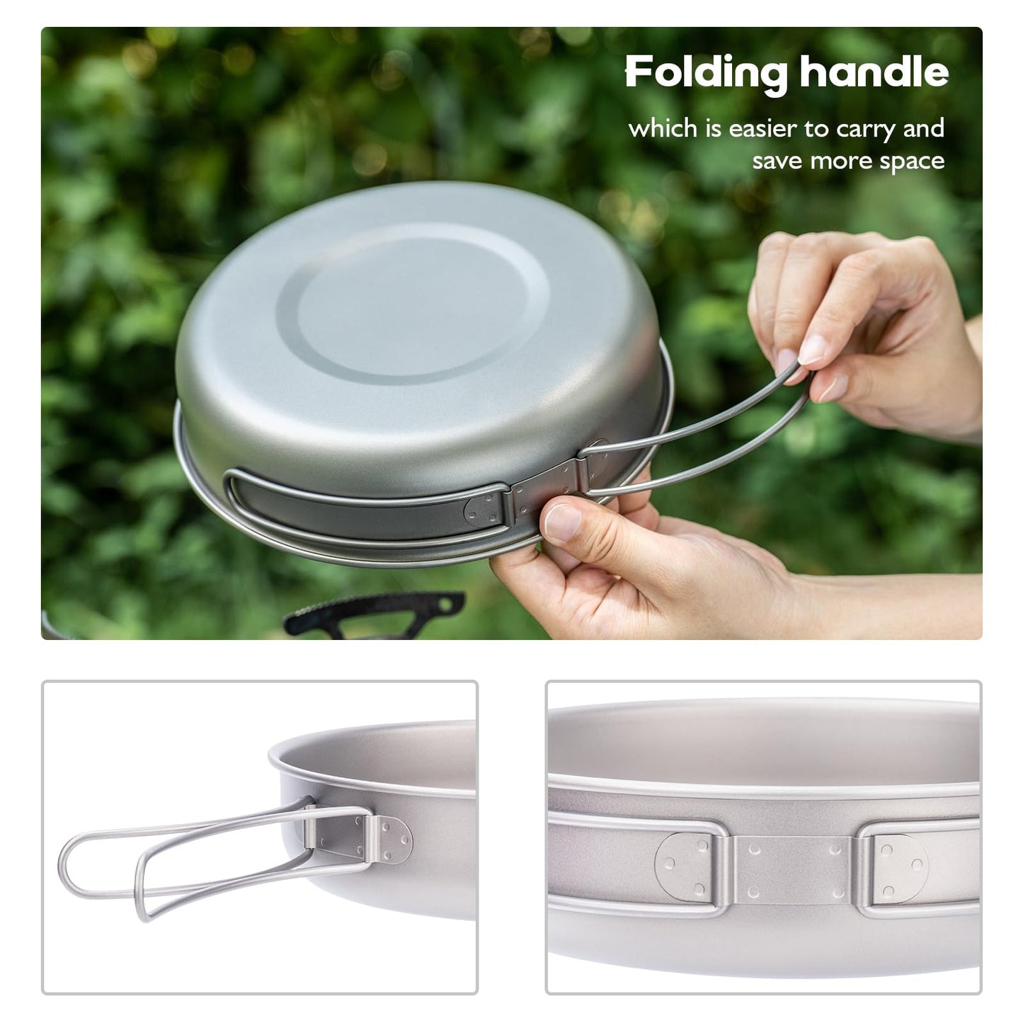 iBasingo 18cm Camping Frying Pan Titanium Skillet Saucepan Outdoor Cookware Lightweight Griddle Portable Plate with Foldable Handle Travel Picnic Hiking Backpacking Cooking Kit for 1 Person Ti2063C