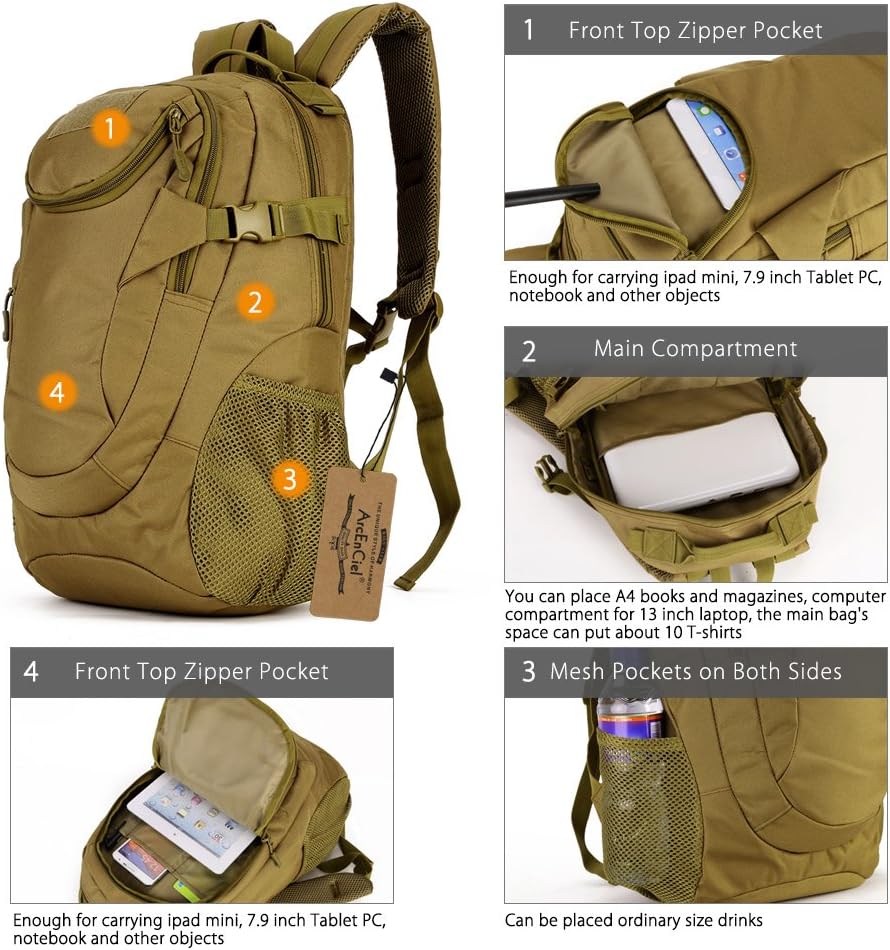 ArcEnCiel Motorcycle Backpack Tactical Military Bag for Outdoor Hiking Camping Trekking - Rain Cover+Patch Included