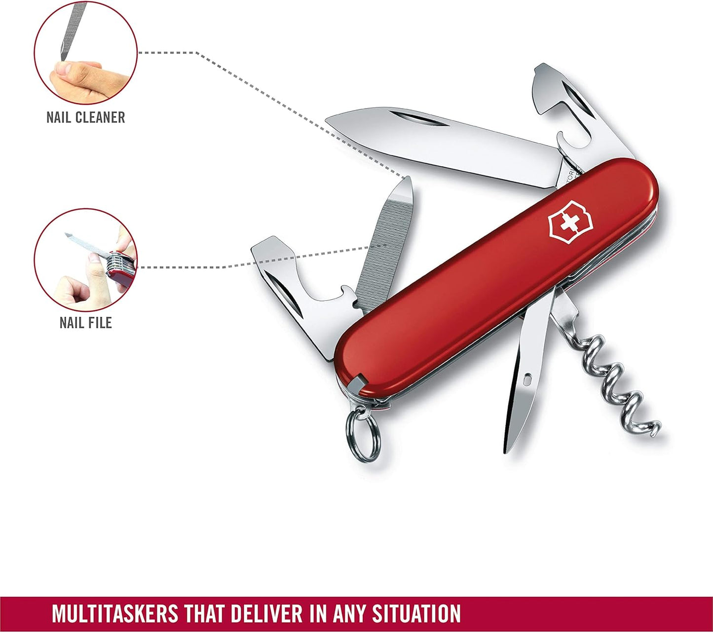 Victorinox Sportsman Swiss Army Knife, 13 Function Swiss Made Pocket Knife with Large Blade, Corkscrew and Wire Stripper - Red
