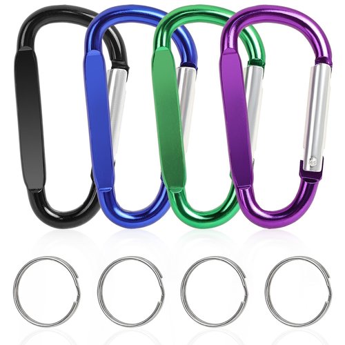 YOKRWO Lightweight Carabiner Clips, 3" Aluminum D Ring Shape Carabeaner Key Clip with Key Ring Keychain Spring Snap Hook Buckle (A-Black+Blue+Green+Purple)